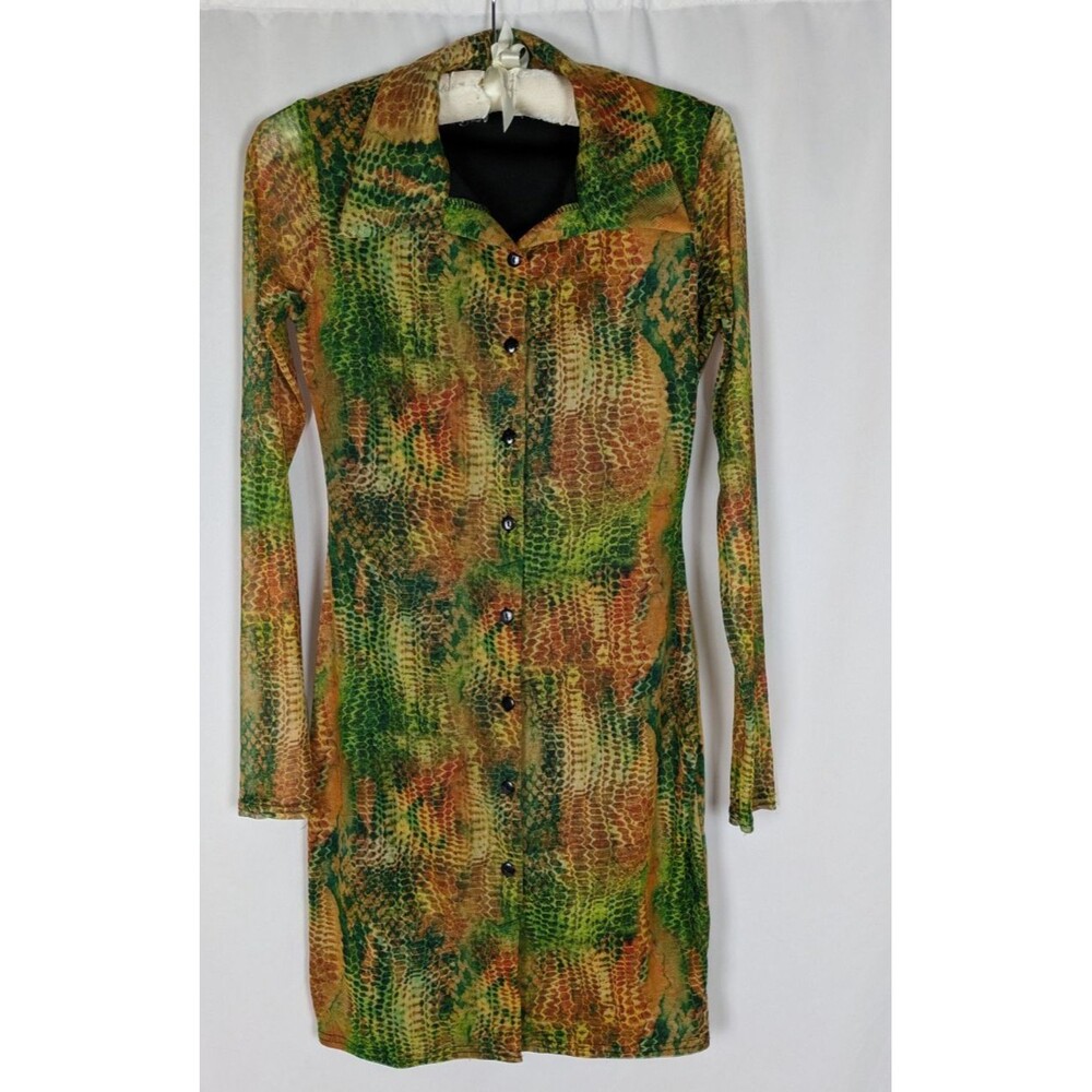 PrettyLittleThing Shirt Dress 4 Women's Snakeprint Sheer Long Sleeve Button Down